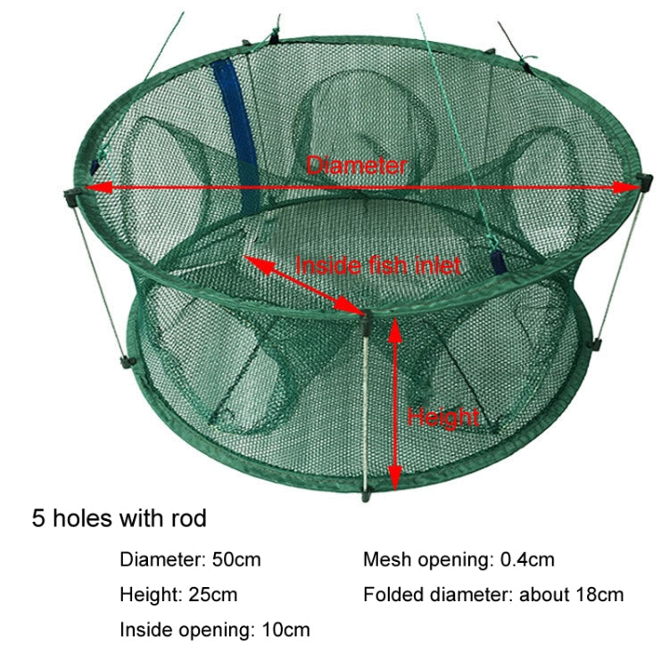 Automatic Folding Fish Net With Support Rod Fishing Cage Lobster Net Fishing Gear, Color: 5 Holes Green