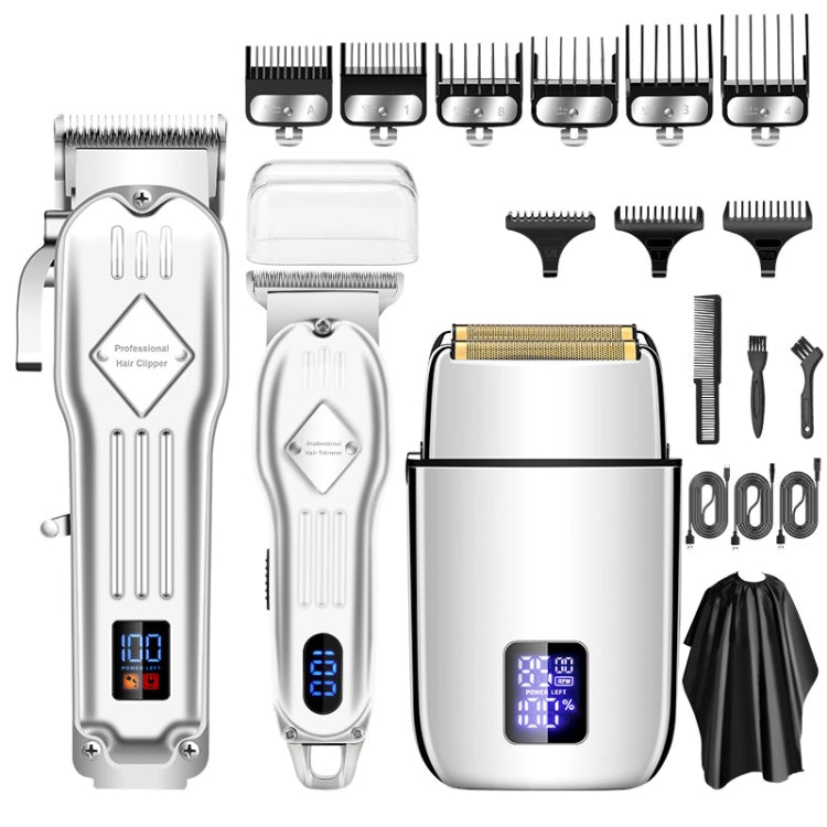 3pcs /Set Men Home Hair Salon High-power Hair Clipper(Silver)