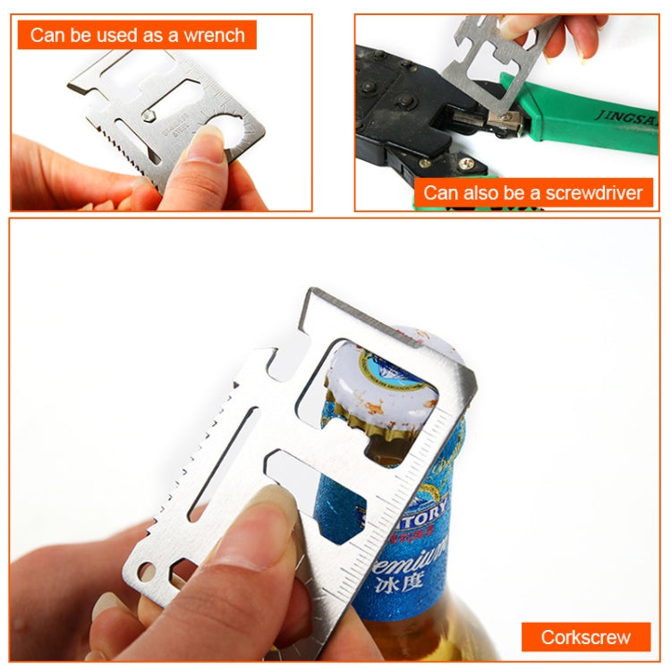 10 PCS 11 in 1 Outdoor Portable Multi-function Stainless Steel Hollow Tool Card Cutter with Leather Case, Size: 6.9 x 4.5cm(Silver)