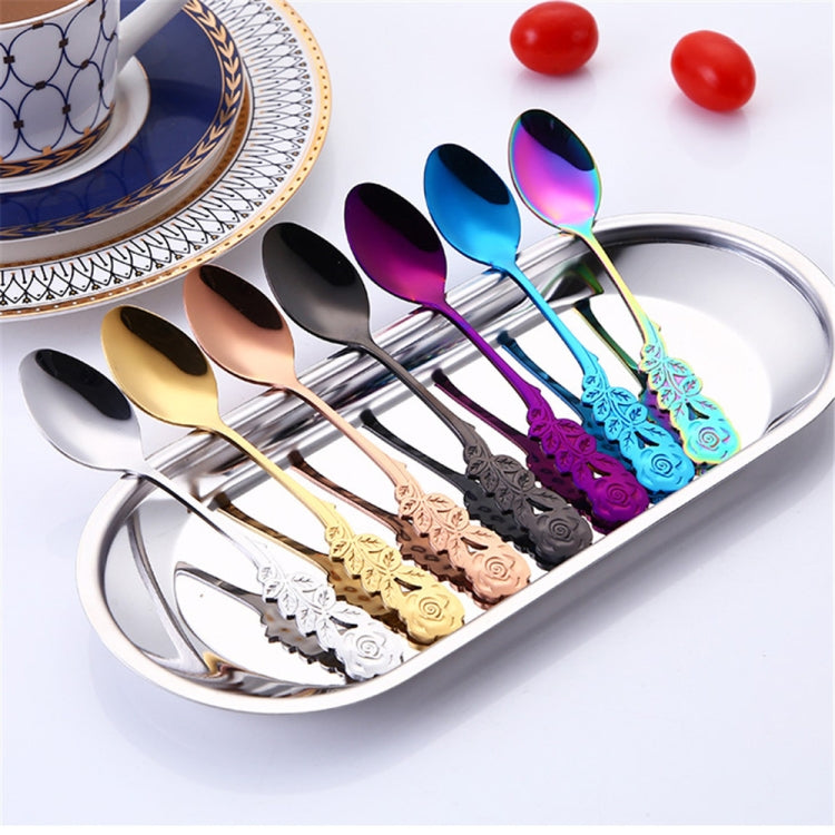 Small Mini Stainless Steel Rose Flower Coffee Spoon Strring Spoon Teaspoon Tea Spoon Dessert Spoon Long Handle Tableware(Black Gold)