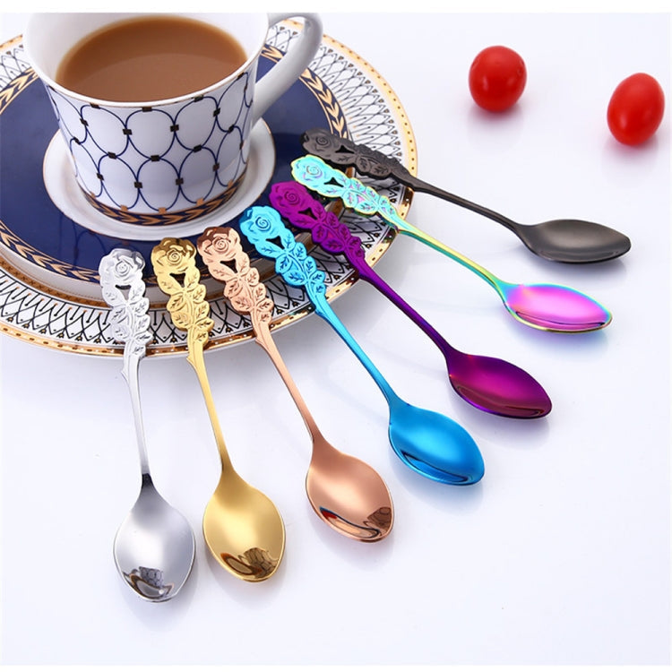 Small Mini Stainless Steel Rose Flower Coffee Spoon Strring Spoon Teaspoon Tea Spoon Dessert Spoon Long Handle Tableware(Black Gold)