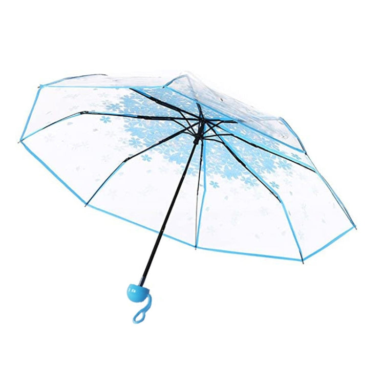 Cherry Blossom Transparent Triple-fold Umbrella Individual Folding Umbrella(Blue)