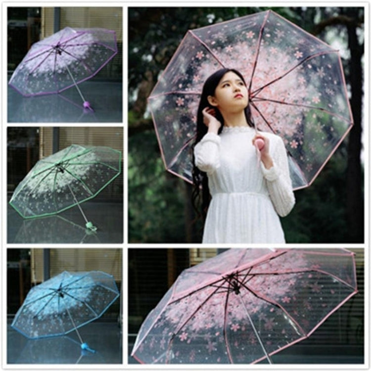 Cherry Blossom Transparent Triple-fold Umbrella Individual Folding Umbrella(Green)