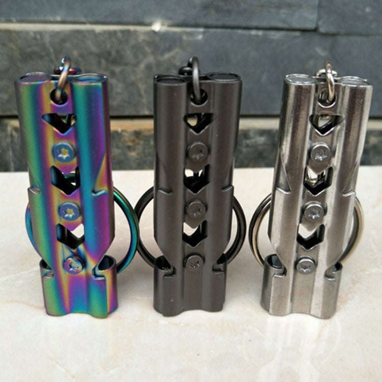 Outdoor High-decibel Stainless Steel Self-protection Double Tube Survival Whistle with Key Ring(BlackColor titanium)