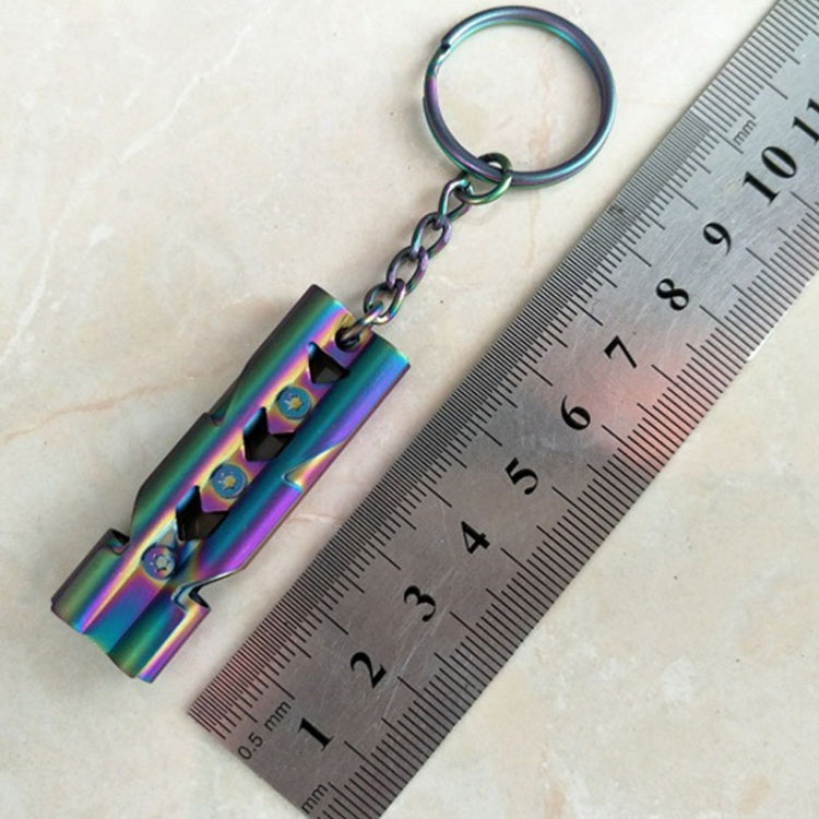 Outdoor High-decibel Stainless Steel Self-protection Double Tube Survival Whistle with Key Ring(BlackColor titanium)