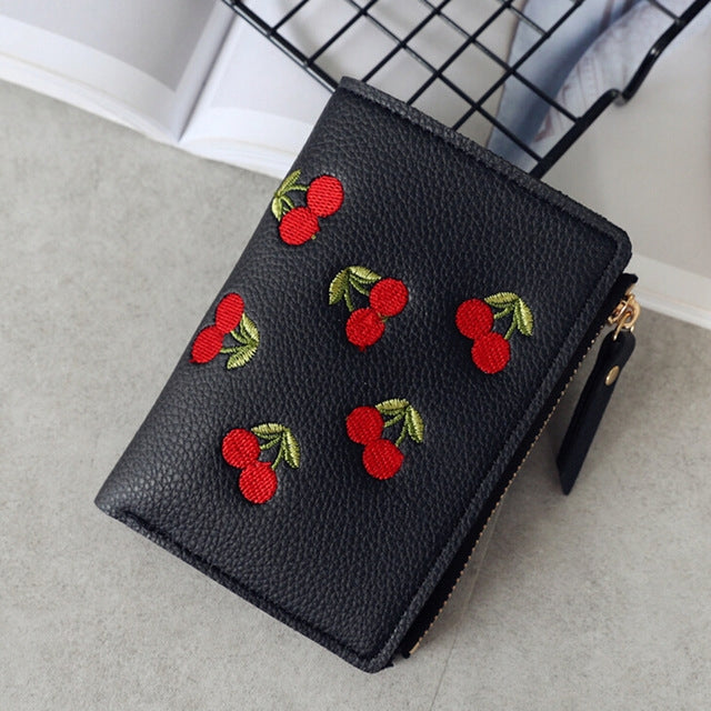 PU Leather Cherry Embroidery Coin Purse Card Holders(Black)