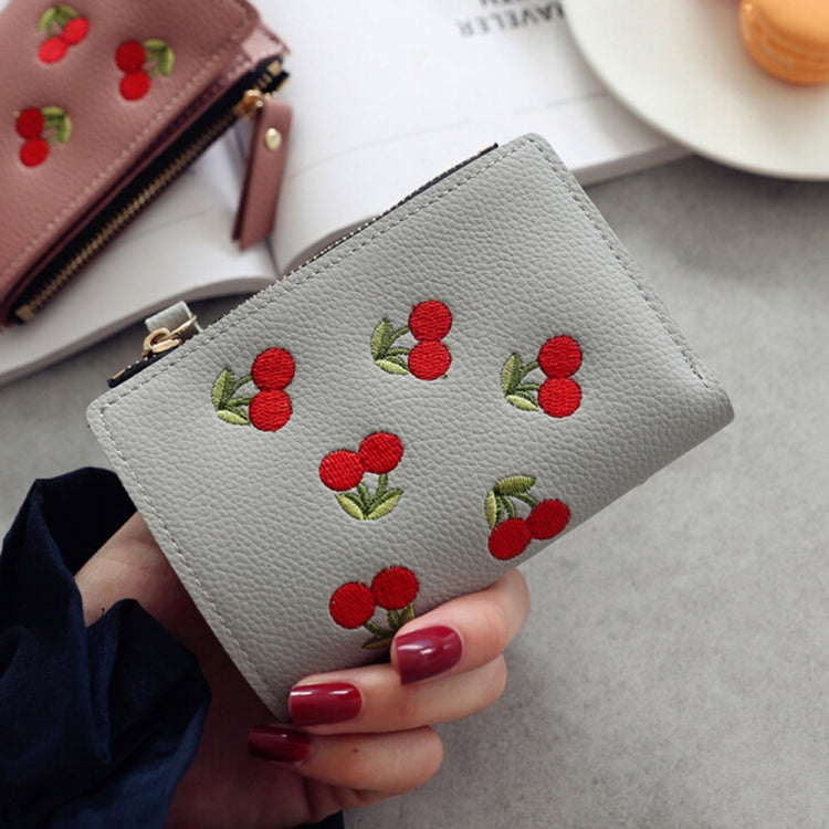 PU Leather Cherry Embroidery Coin Purse Card Holders(Black)