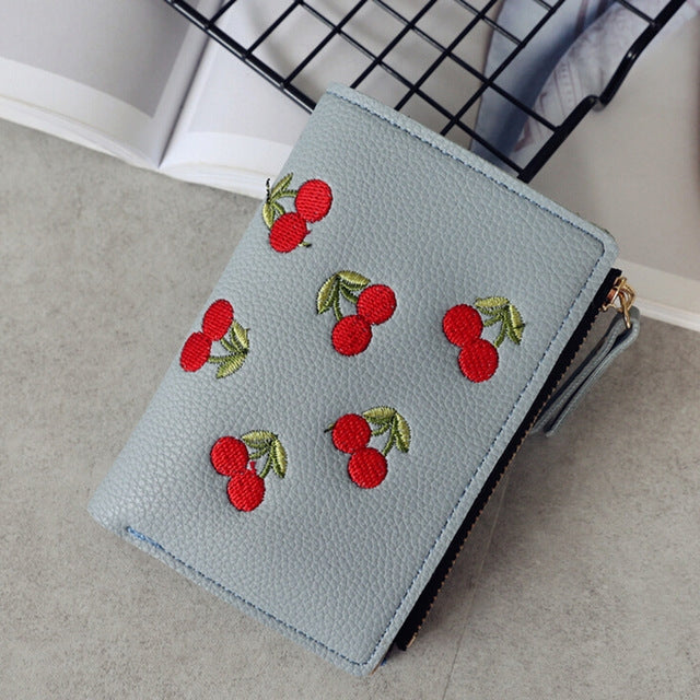 PU Leather Cherry Embroidery Coin Purse Card Holders(Grey blue)