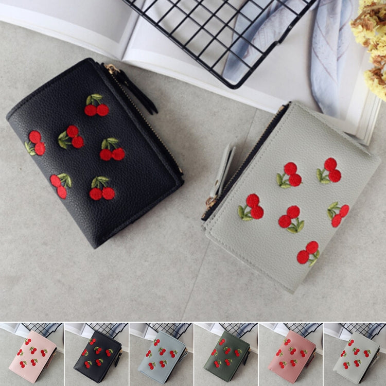 PU Leather Cherry Embroidery Coin Purse Card Holders(Grey blue)