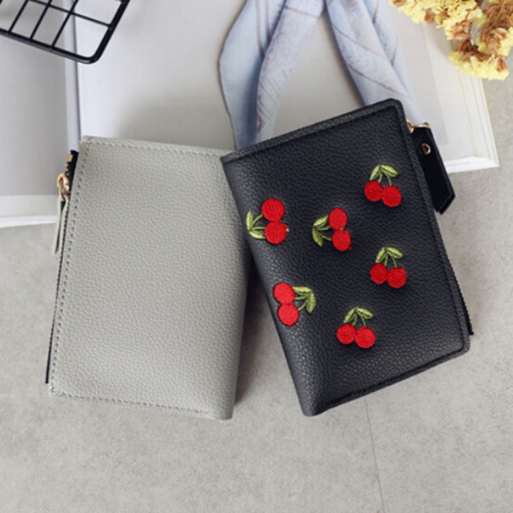 PU Leather Cherry Embroidery Coin Purse Card Holders(Grey blue)