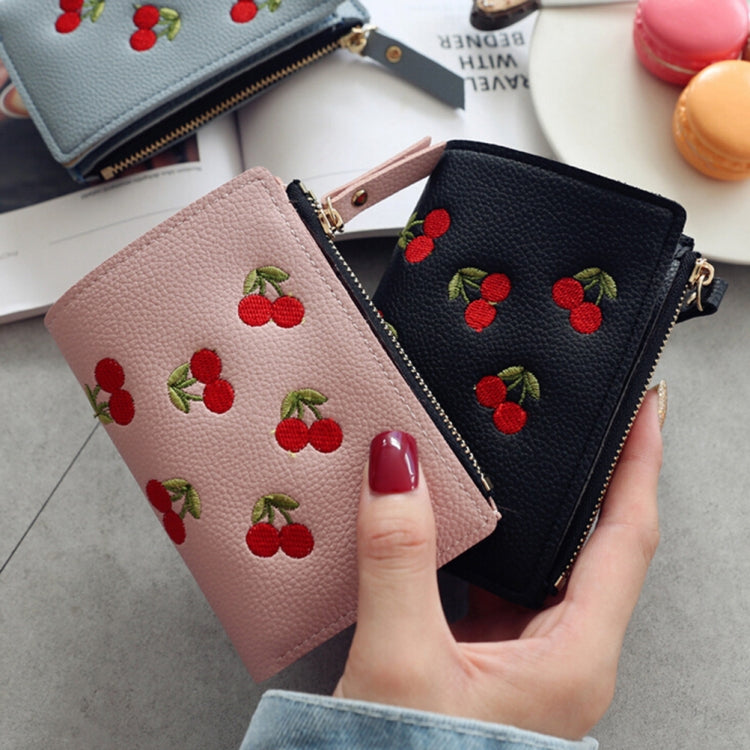 PU Leather Cherry Embroidery Coin Purse Card Holders(Dark pink)