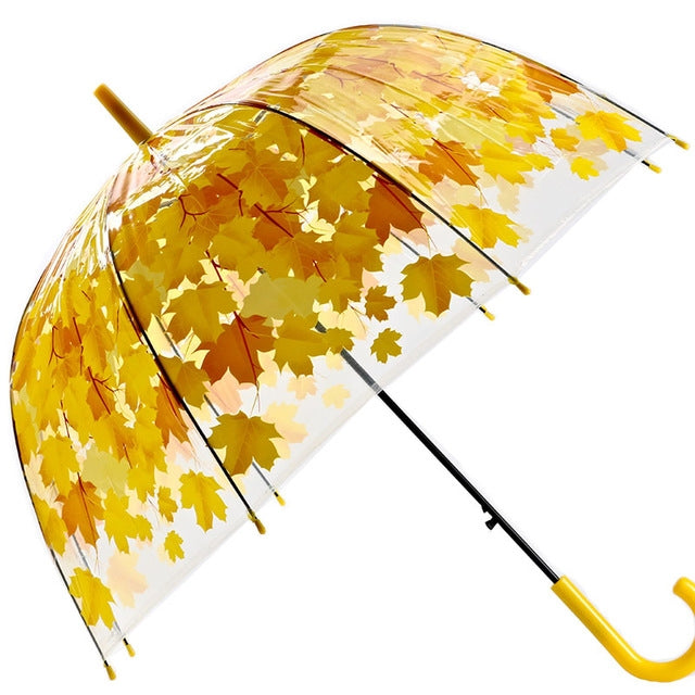 Green Leaf Transparent Umbrella Straight Rod Crooked Umbrella(Orange)