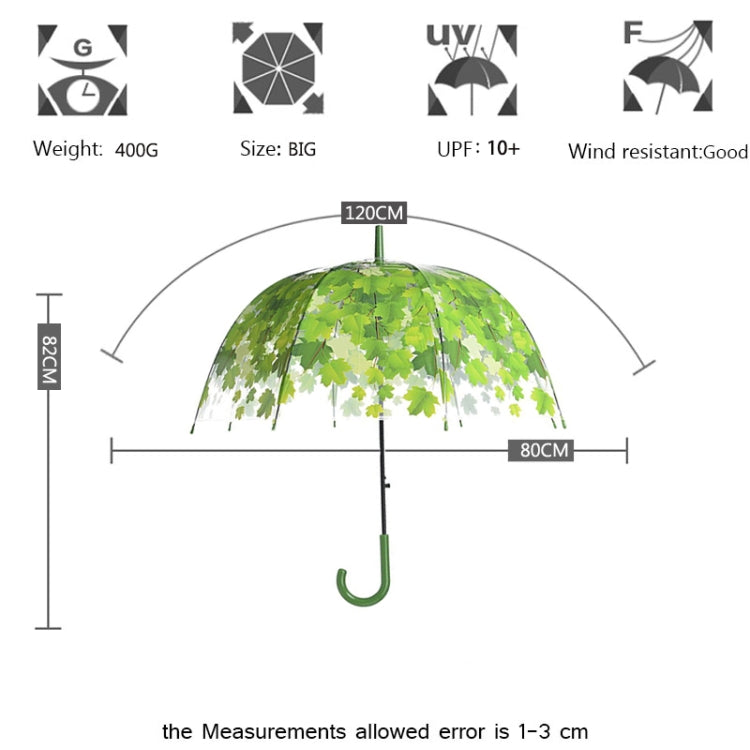 Green Leaf Transparent Umbrella Straight Rod Crooked Umbrella(Orange)