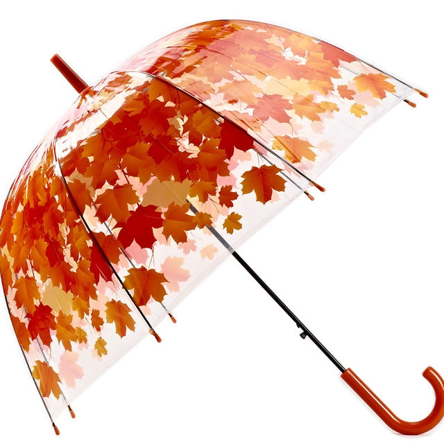 Green Leaf Transparent Umbrella Straight Rod Crooked Umbrella(Orange)
