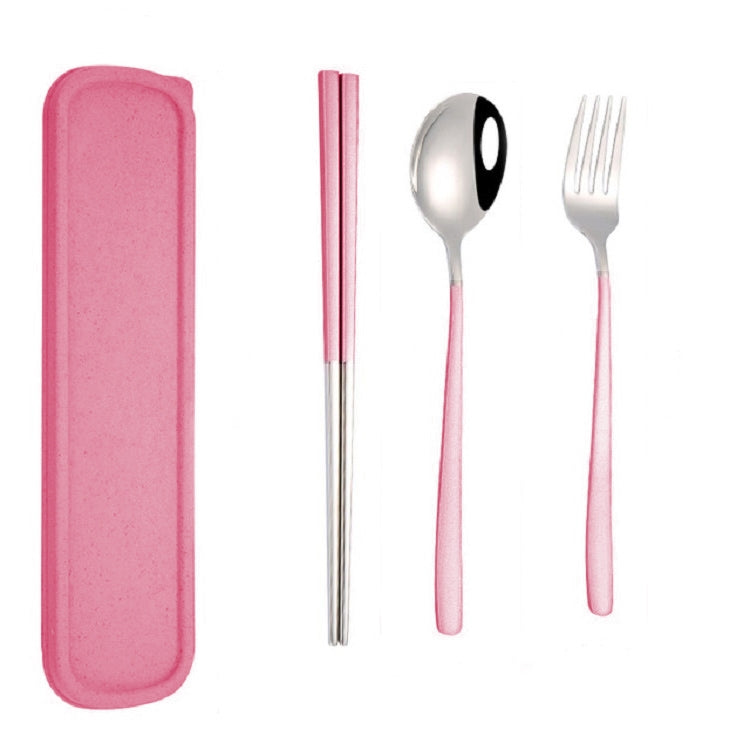 3pcs / Set Portable Stainless Steel Tableware Creative Set Chopsticks Spoon Fork Gift, Color:Pink