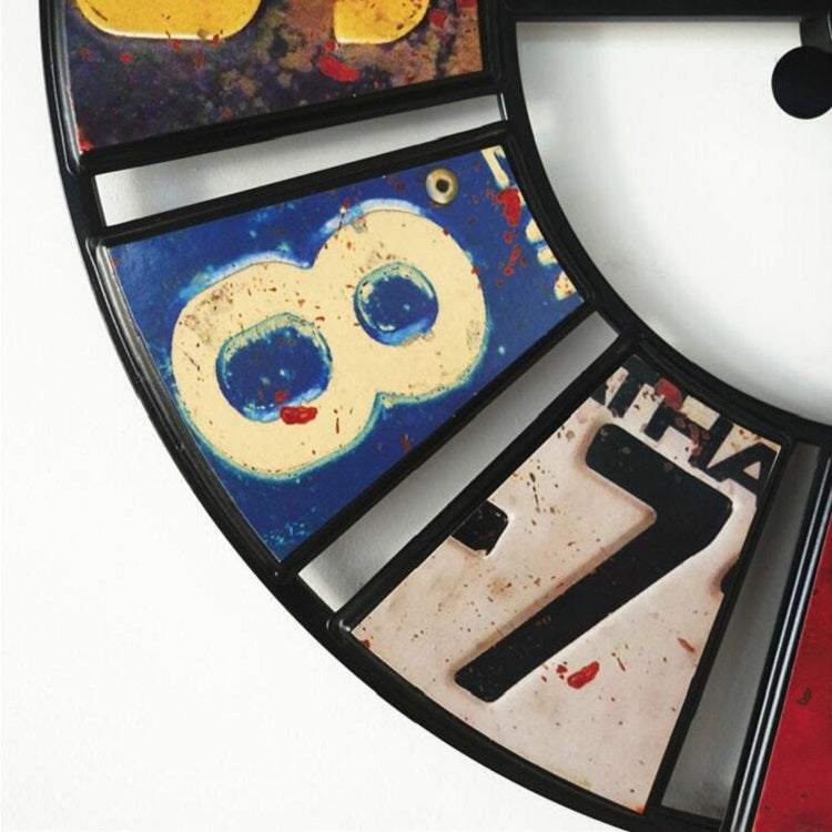 Digital Round Retro Wall Clock Creative License Plate Wrought Iron Decorative Clock(Colorful)