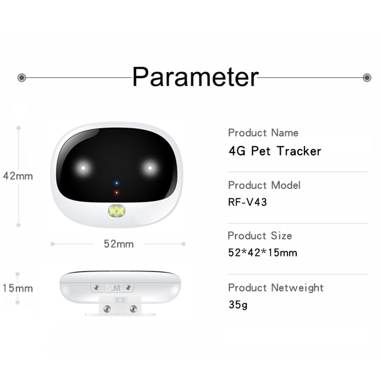 RF-V43 A Style IP67 Waterproof GPS + LBS + WiFi Pet Locator Pet Collar Tracking Device For Asia/Europe/Africa/Australia(White)