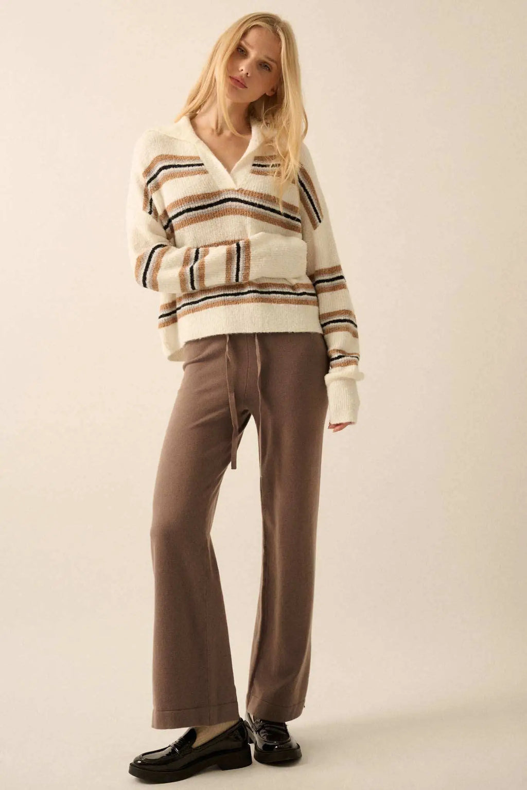 First in Line Striped Split-Neck Collared Sweater