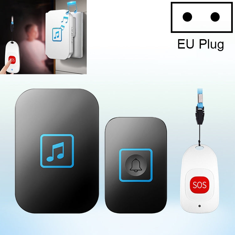 CACAZI C86 Wireless SOS Pager Doorbell Old man Child Emergency Alarm Remote Call Bell, EU Plug(Black)