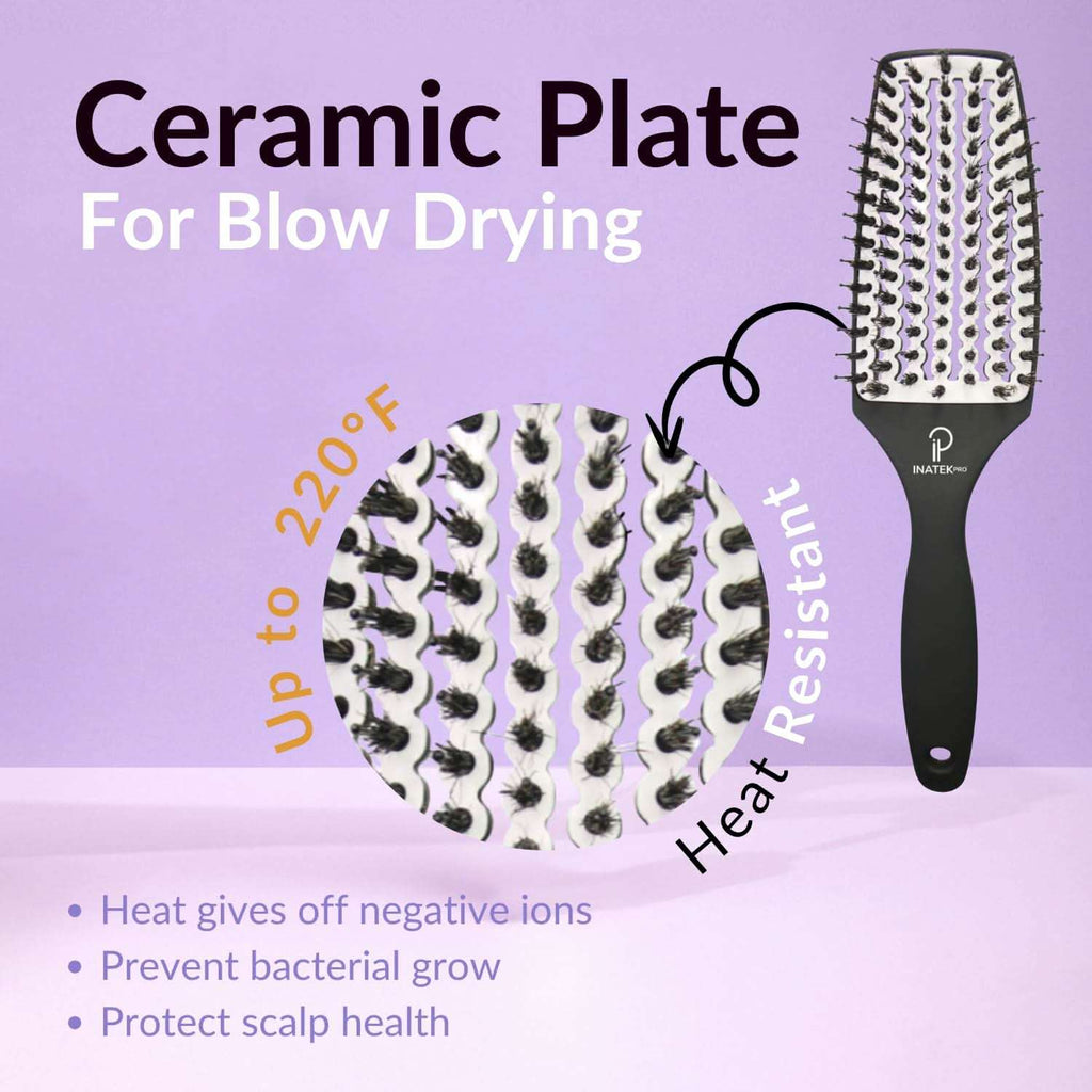 INATEKPRO Curved Vented Boar Bristle Detangler Brush - WHITE | MEDIUM