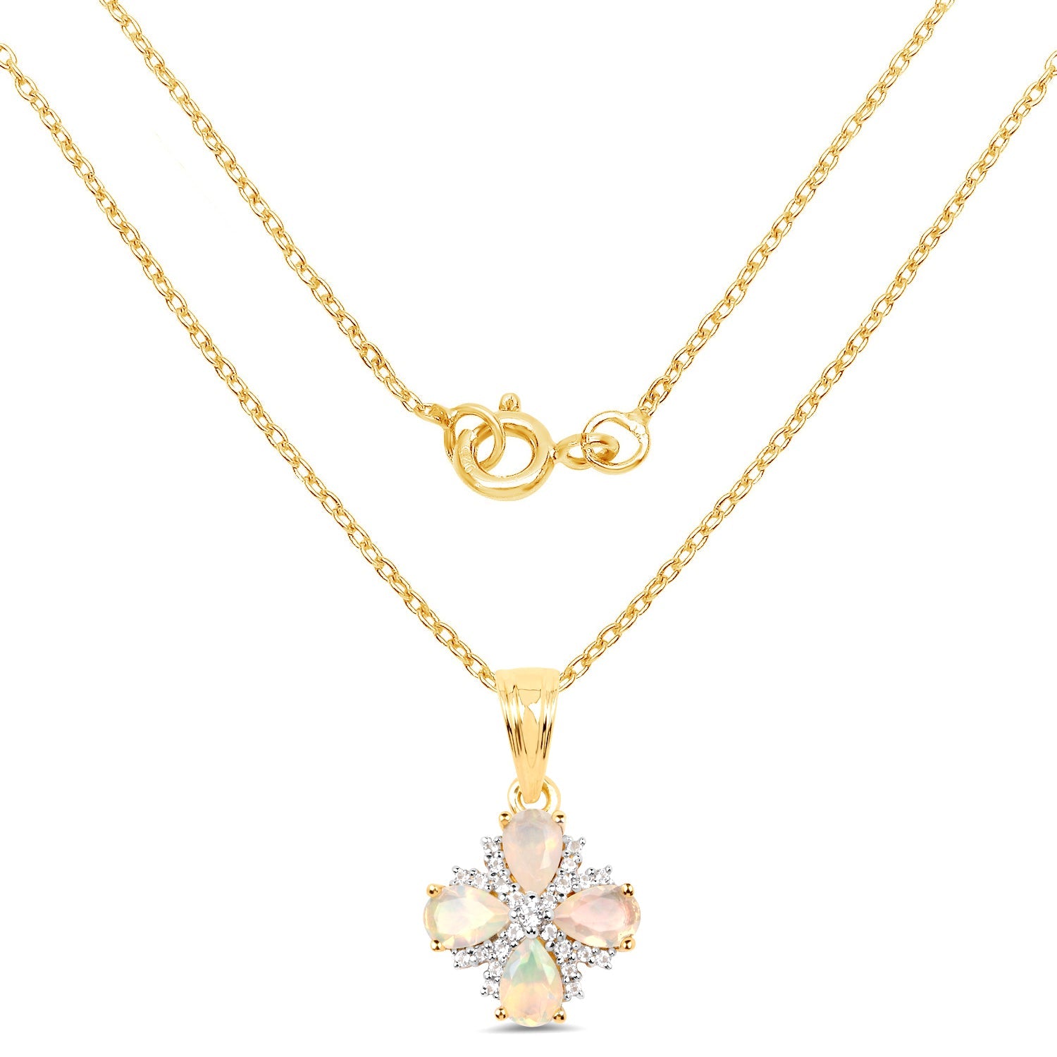 14K Yellow Gold Plated 1.19 Carat Genuine Ethiopian Opal and White Topaz .925 Sterling Silver Pendant