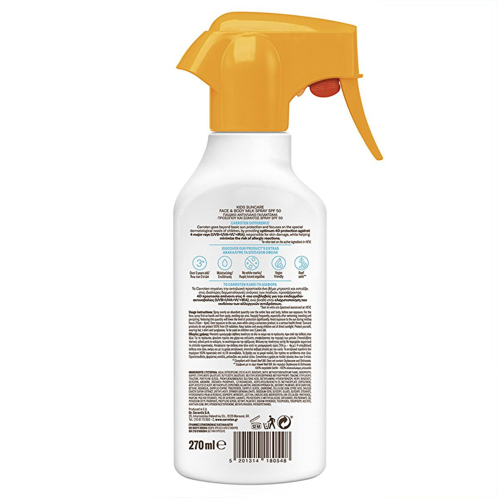 Carroten Kids SPF50 High Protection Sunscreen Spray: Hypoallergenic, Water Resistant, Broad Spectrum Protection for Sensitive Children's Skin