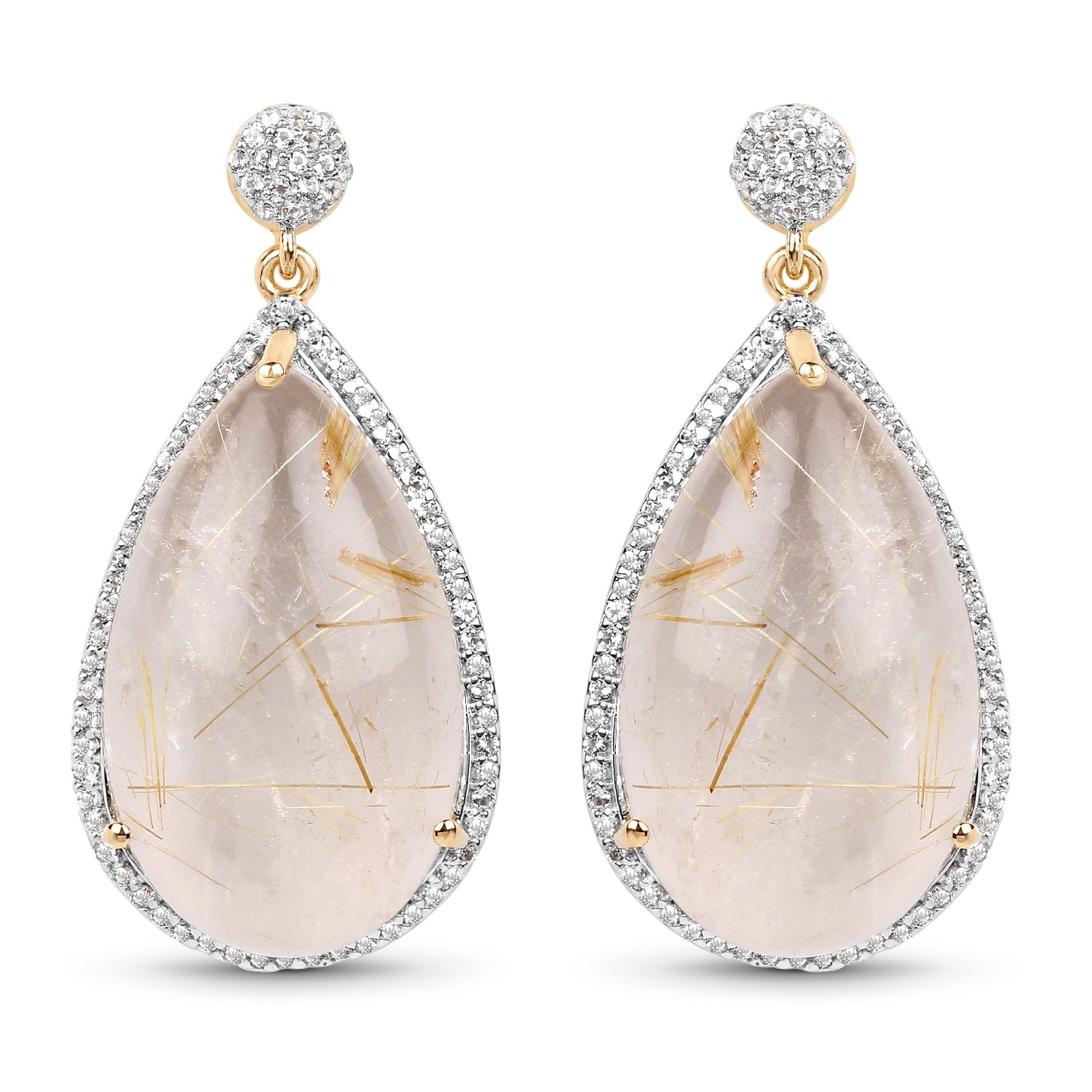 14K Yellow Gold Plated 35.15 Carat Genuine Golden Rutile and White Topaz .925 Sterling Silver Earrings