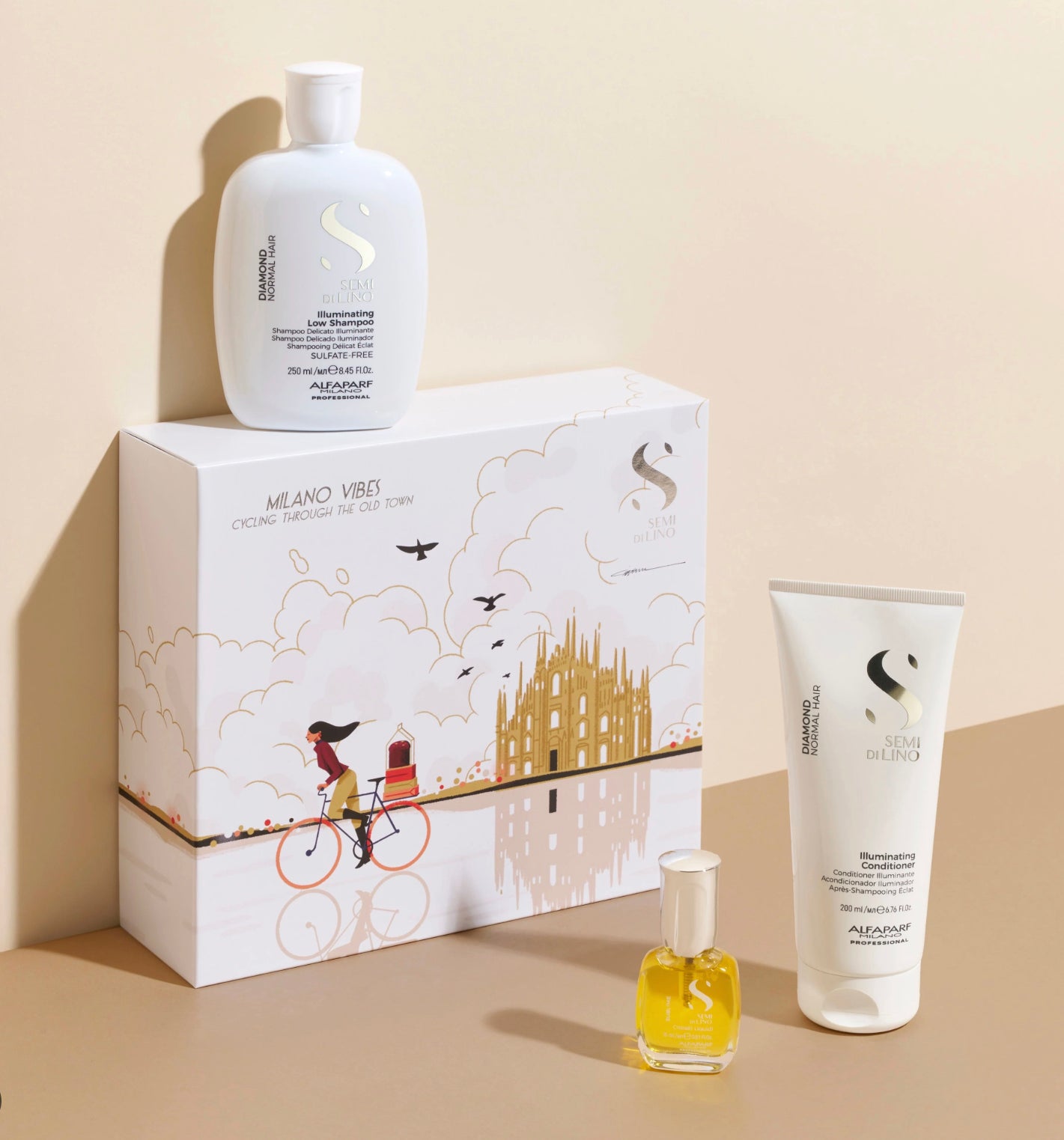 Alfaparf Milano Semi Di Lino Diamond Gift Set for All Hair Types - Sulfate Free Illuminating Shampoo, Conditioner and Cristalli Liquidi Hair Oil Serum