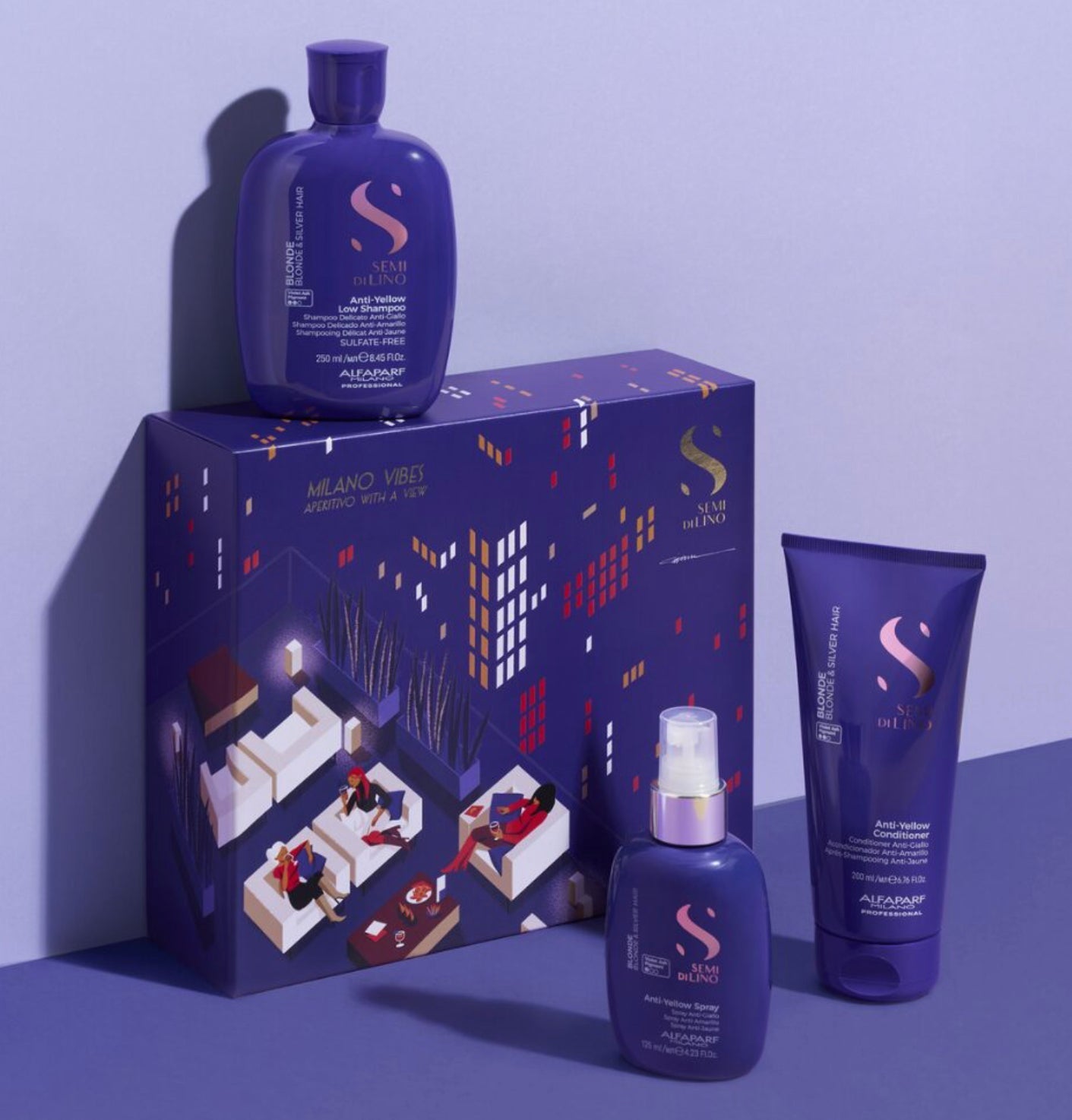 Alfaparf Milano Semi Di Lino Gift Set for Blonde and Silver Hair - Anti-Yellow Sulfate Free Shampoo, Conditioner and Leave-In Spray Toner - Neutralizes Unwanted Yellow Tones