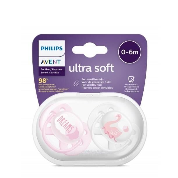 Avent Ultra Soft Orthodontic Pacifier 0-6 Months Pink 2-Pack