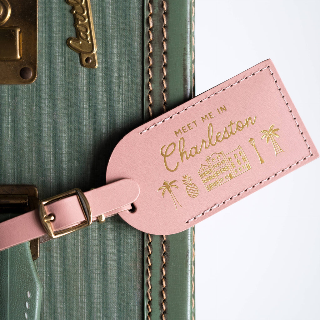 Charleston Luggage Tag Wedding Favor or Travel Souvenir Gift: Pink w/ Gold