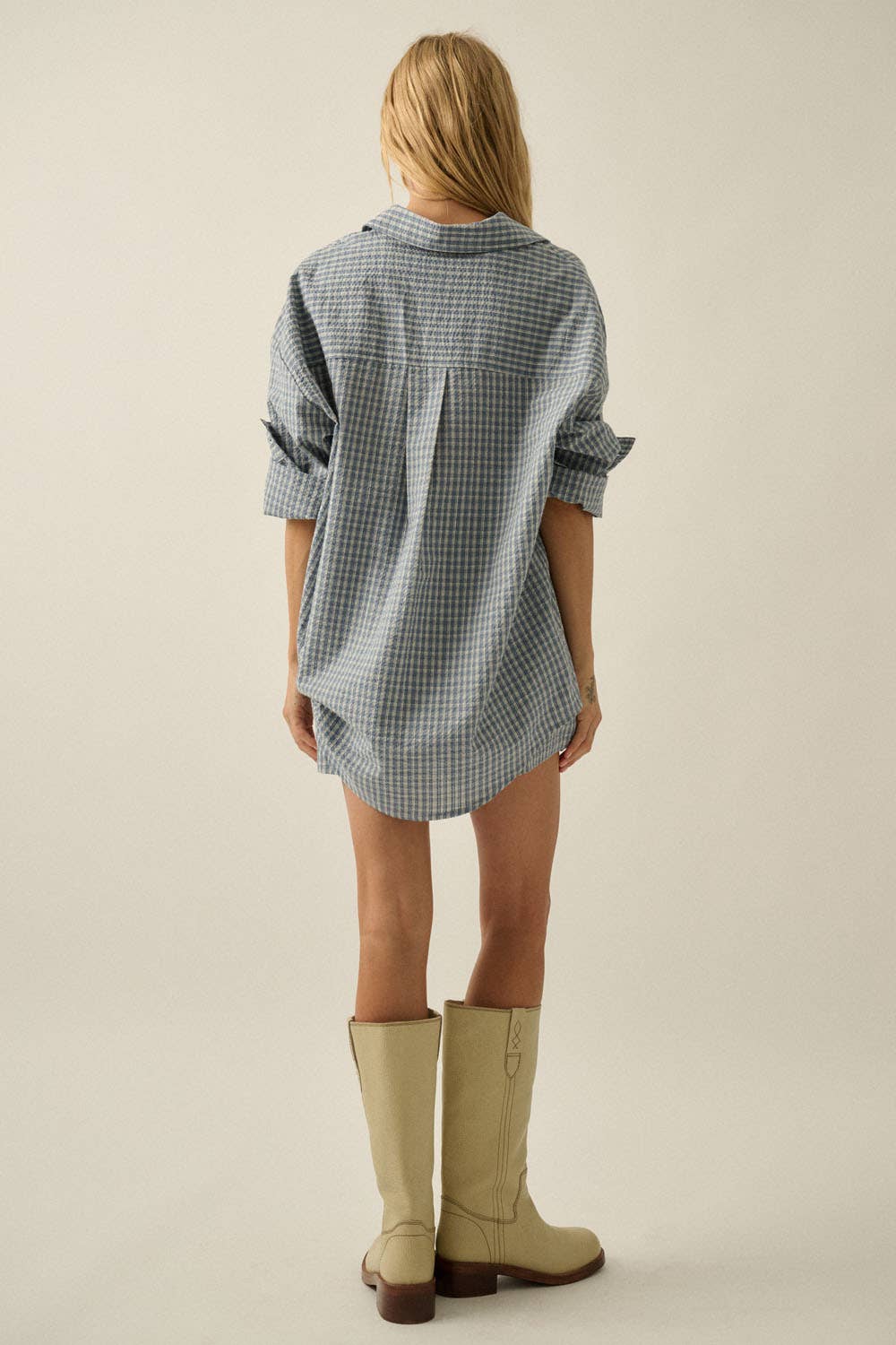 Plaid Textured Seersucker Oversize Button-Up Pocket Shirt: Chambray