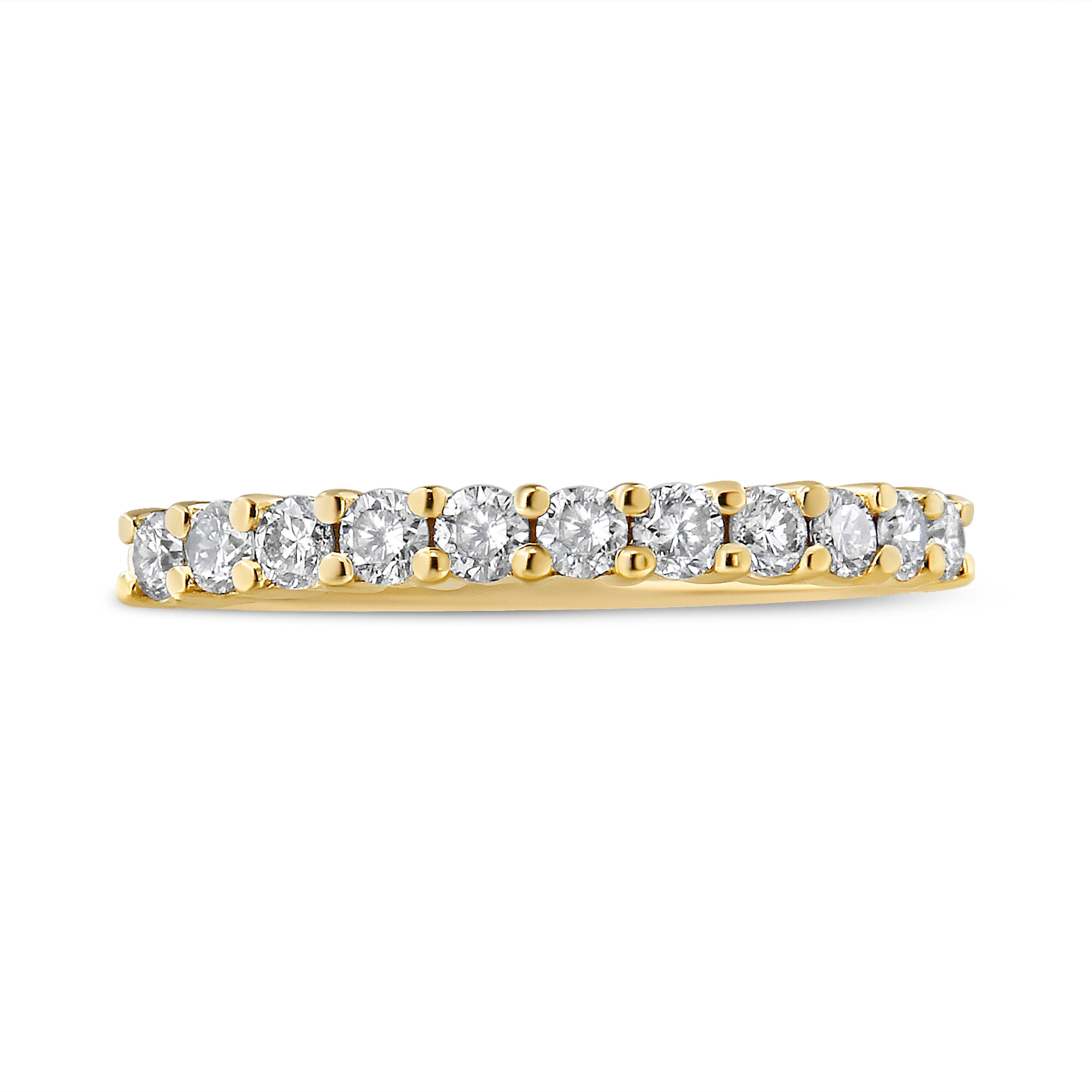 14K Yellow Gold Plated .925 Sterling Silver 1/2 cttw Shared Prong Set Brilliant Round-Cut Diamond 11 Stone Band Ring (J-K Color, I1-I2 Clarity) - Size 7