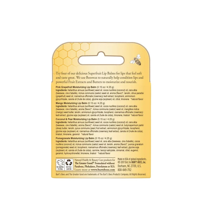 Burt's Bees Superfruit Lip Balm Pack Hydrating Variety 4 x 4.25g