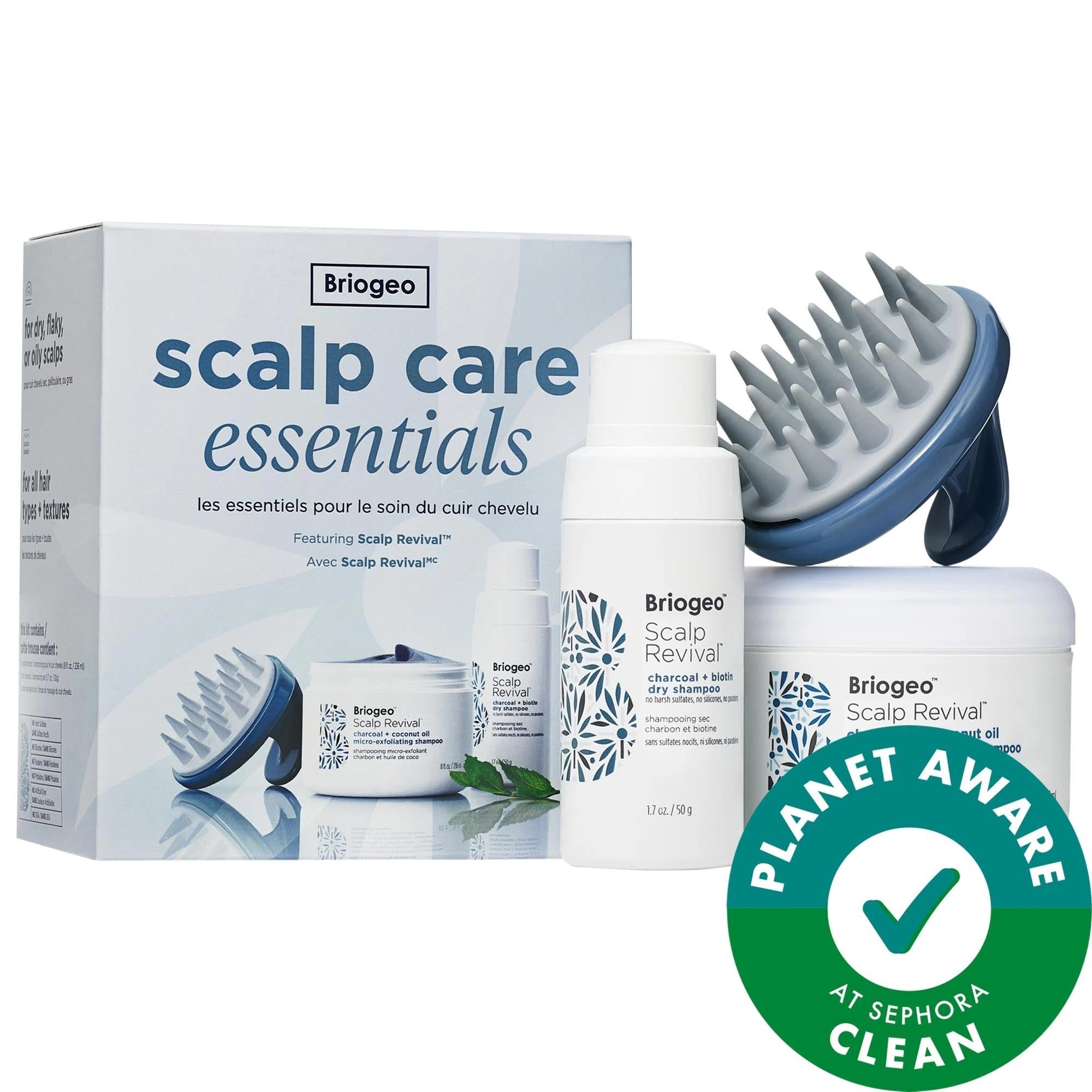 Briogeo Scalp Revival Scalp Care Essentials Kit - Vegan Hair Care Set with Micro-Exfoliating Shampoo, Dry Shampoo, Scalp Massager