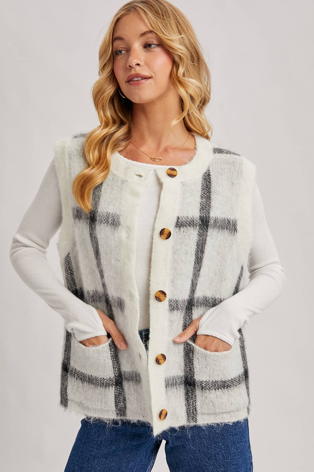 Button Down Plaid Knit Sweater Vest: Mocha