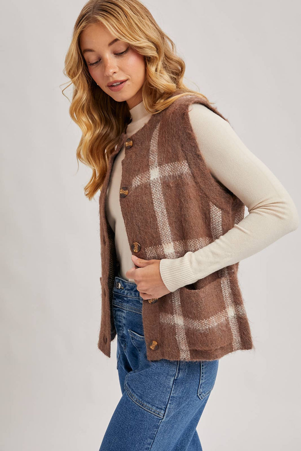 Button Down Plaid Knit Sweater Vest: Mocha