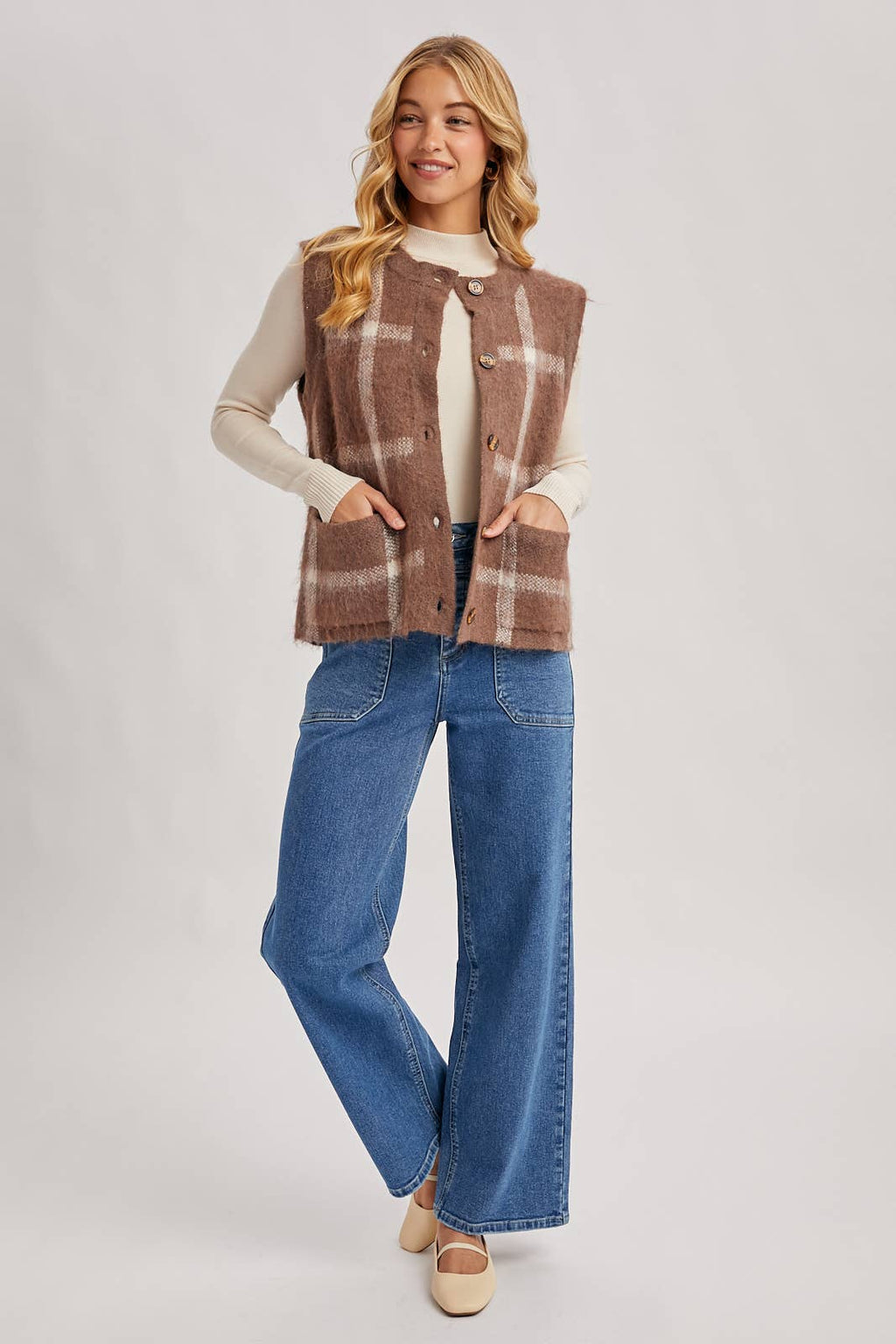 Button Down Plaid Knit Sweater Vest: Mocha