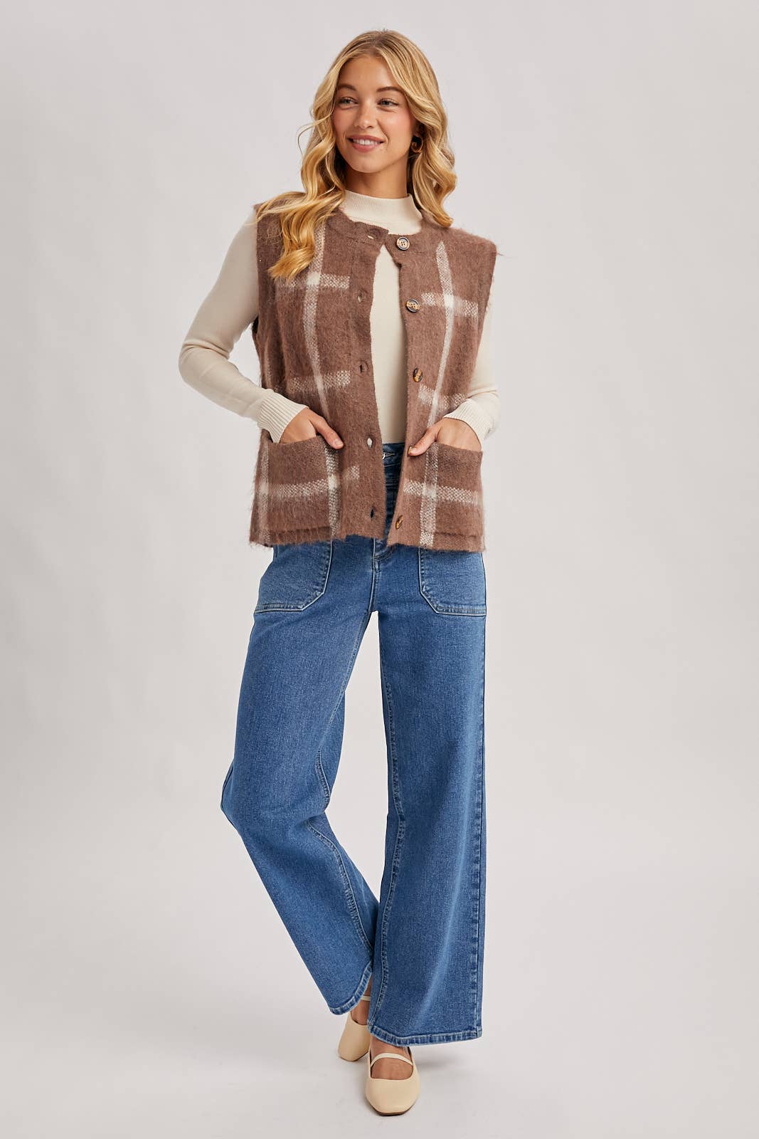 Button Down Plaid Knit Sweater Vest: Mocha