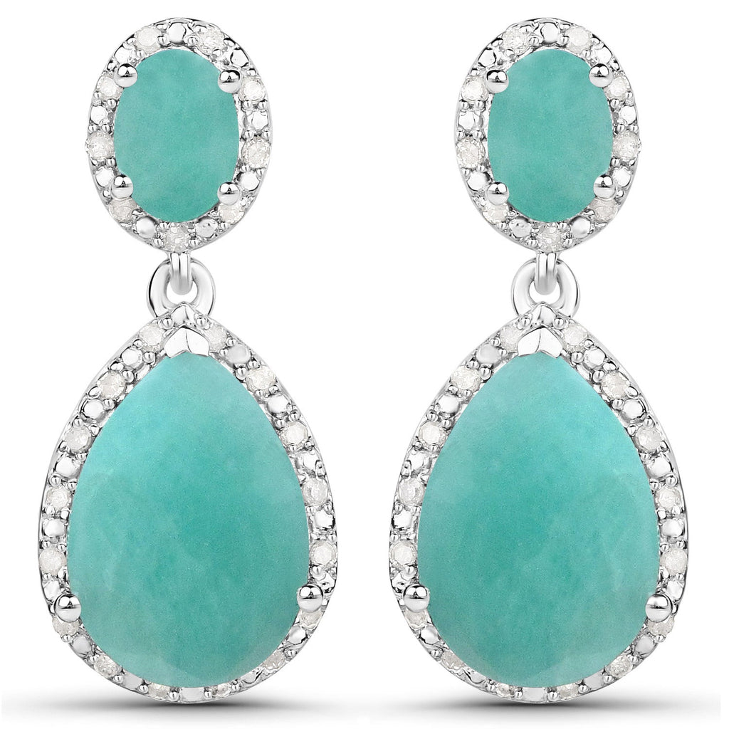 9.64 Carat Genuine Emerald and White Diamond .925 Sterling Silver Earrings