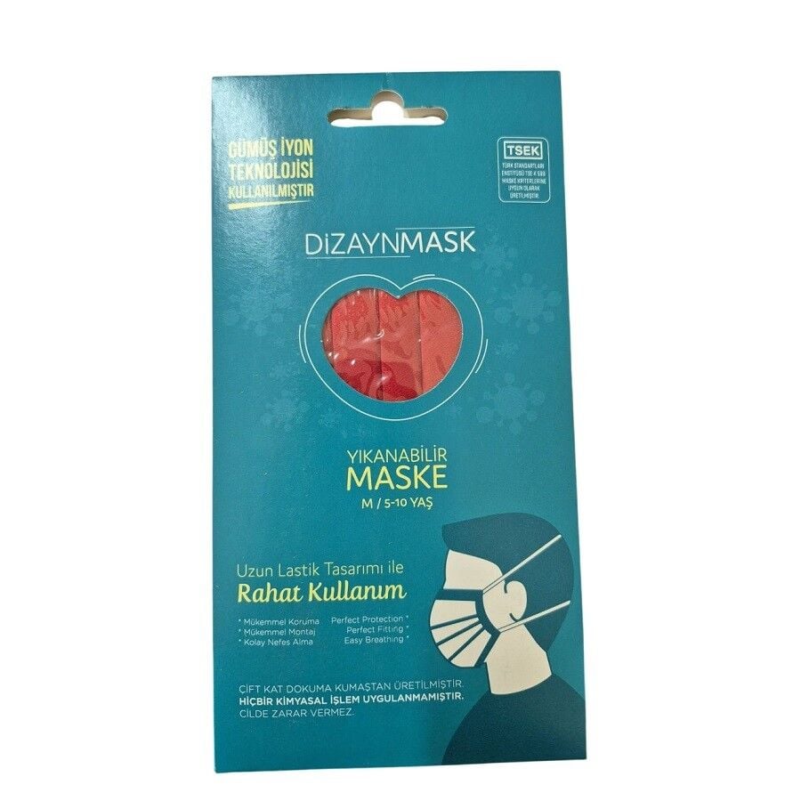 Dizaynmask Silver Ion Washable Cloth Mask for Kids Red 5-10 Years