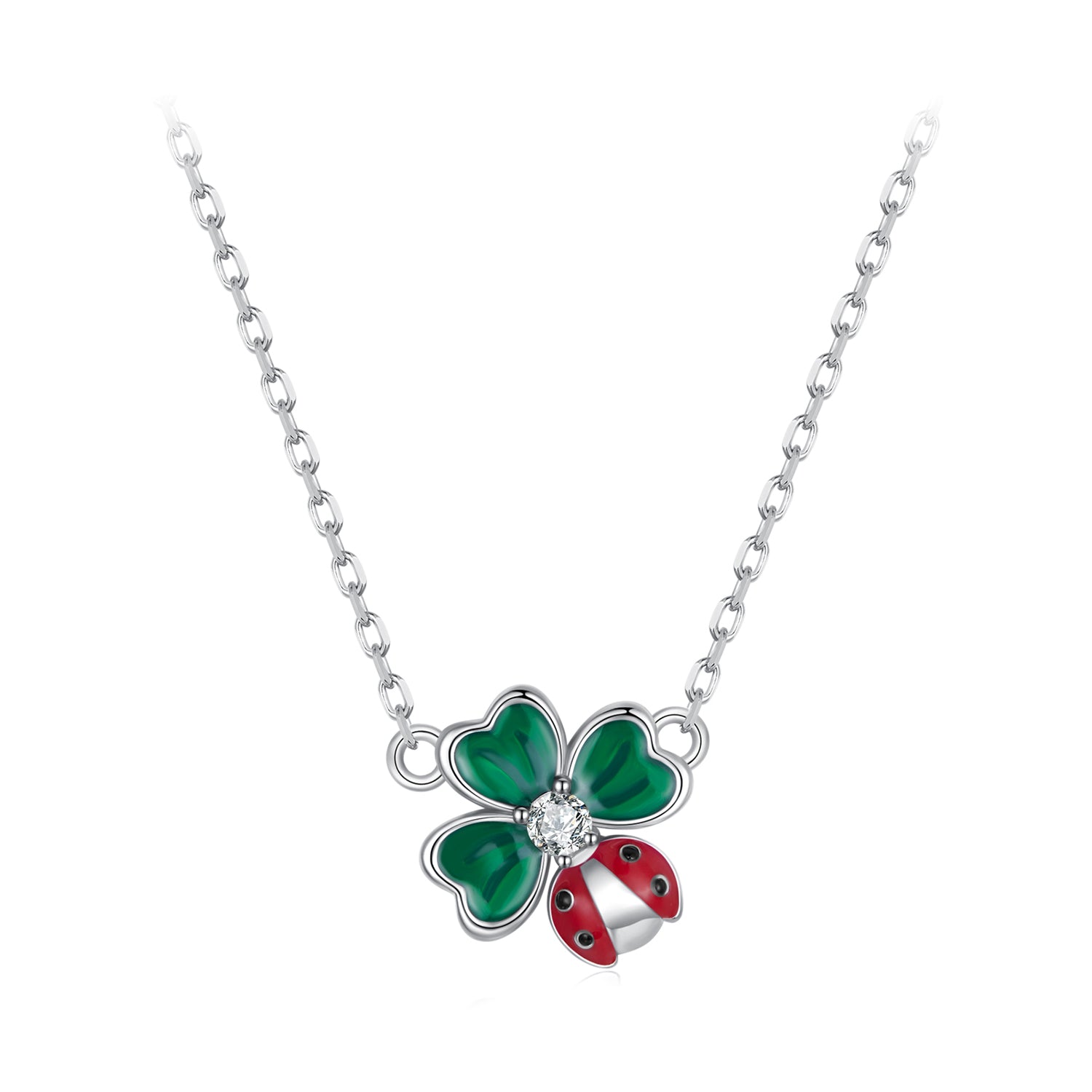 925 Sterling Silver Necklace with Enamel, White Gold Plated, 40+5 cm Chain Length, Women's Jewelry