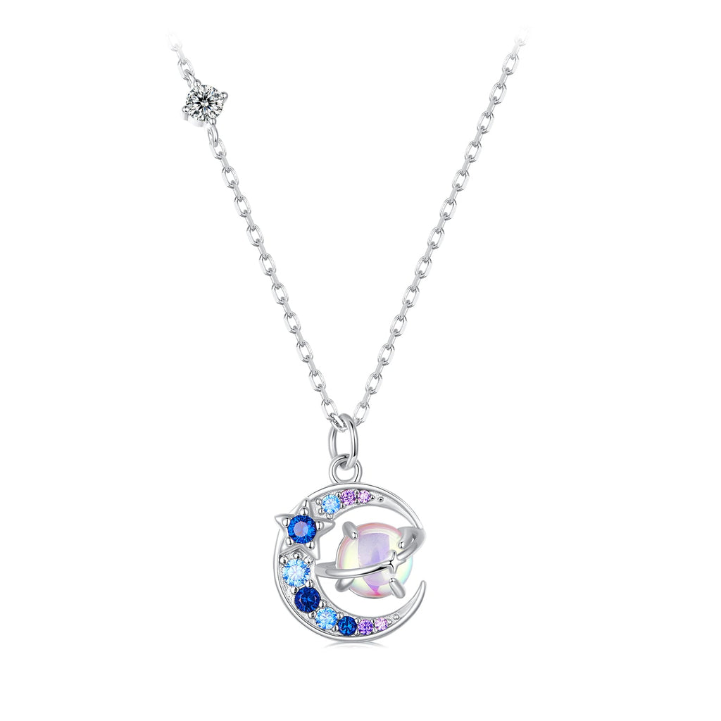 925 Sterling Silver Necklace with Pavé CZ & Transparent Glass Pendant for Women