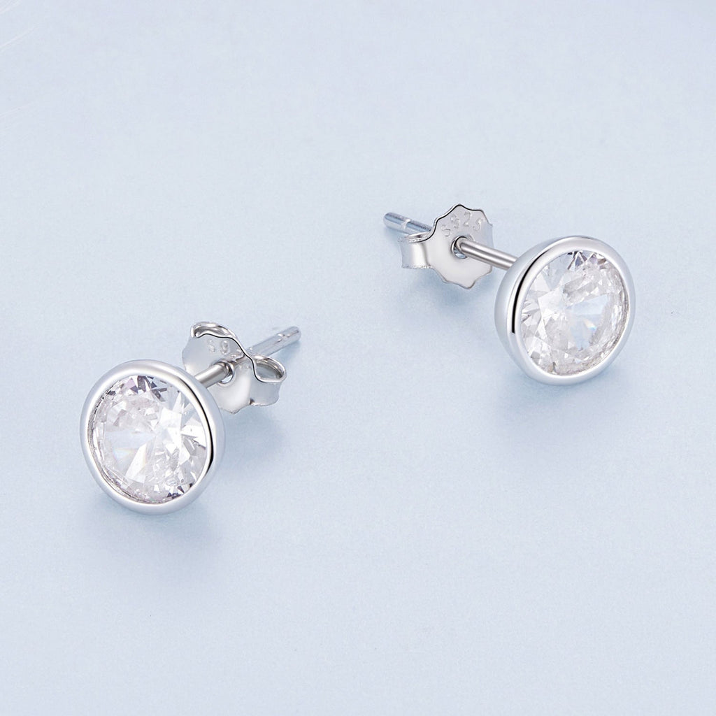925 Sterling Silver Earrings with Pavé Setting CZ, 7mm, Plated Platinum for Women
