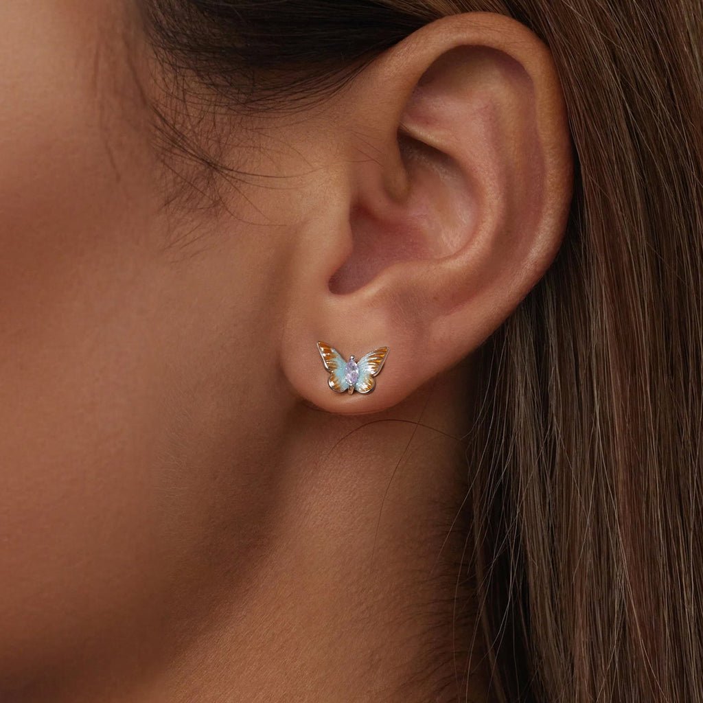 925 Sterling Silver Earrings with Enamel and Pavé Set CZ, 7x10mm, White Gold Plated for Women