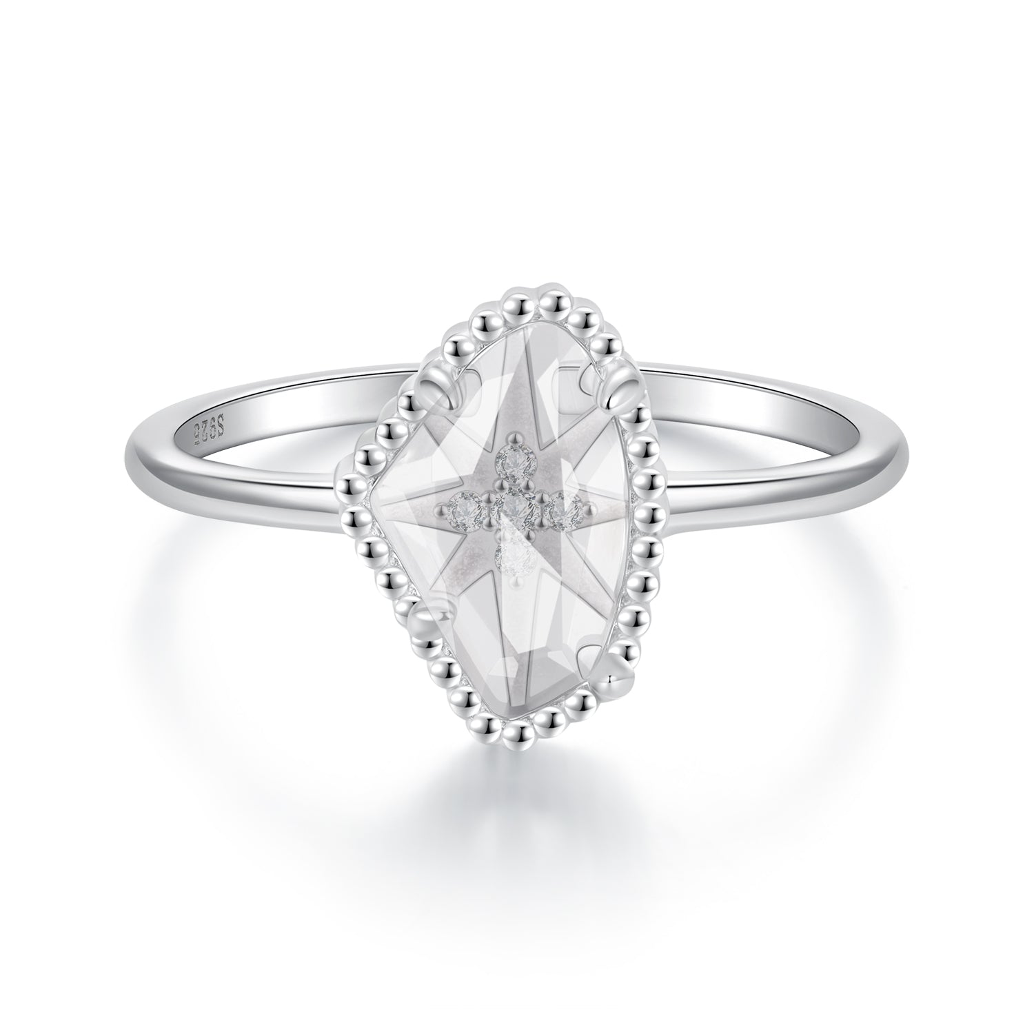 925 Sterling Silver Ring with Transparent Glass and CZ, 0.15cm Width, for Women