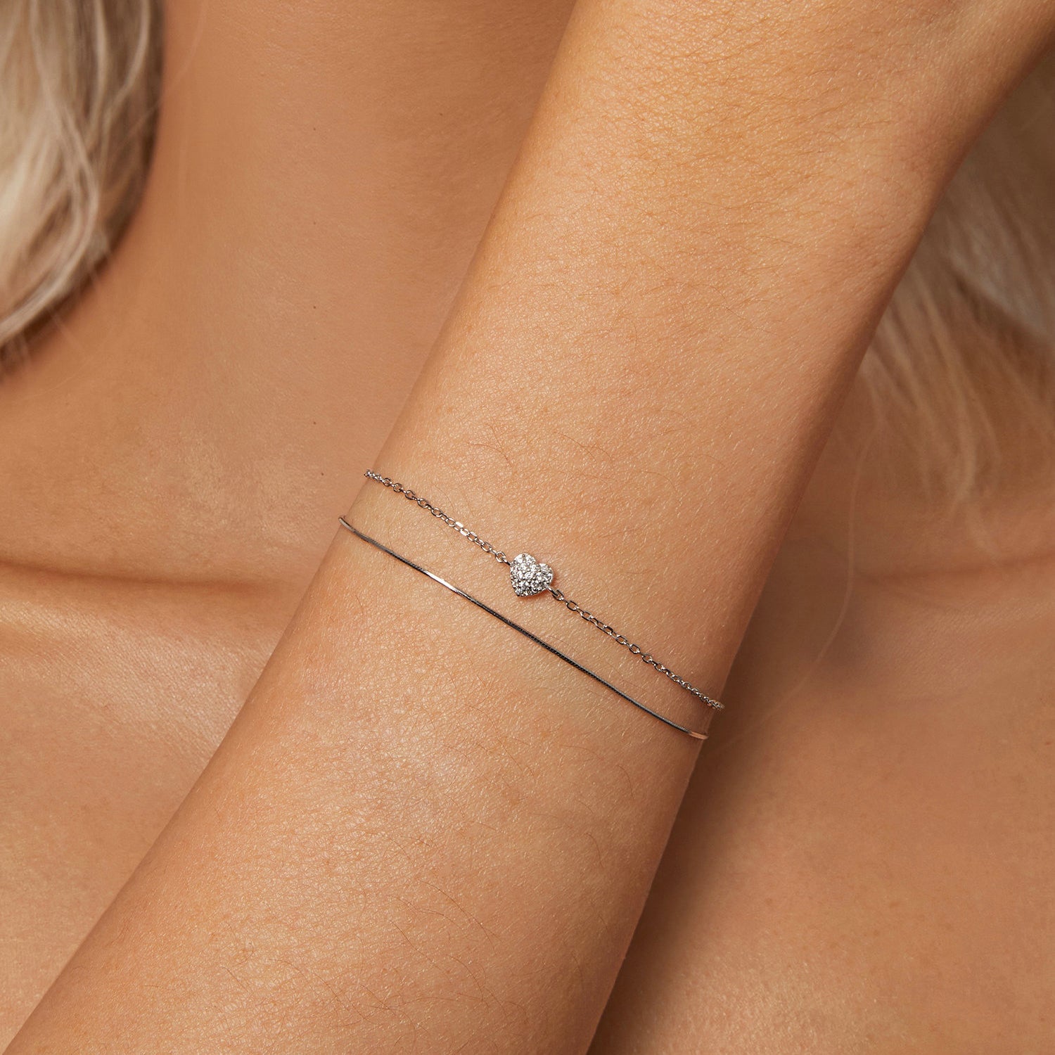 925 Sterling Silver White Gold Plated Heart-Shaped Bracelet with CZ, Length 150+60mm