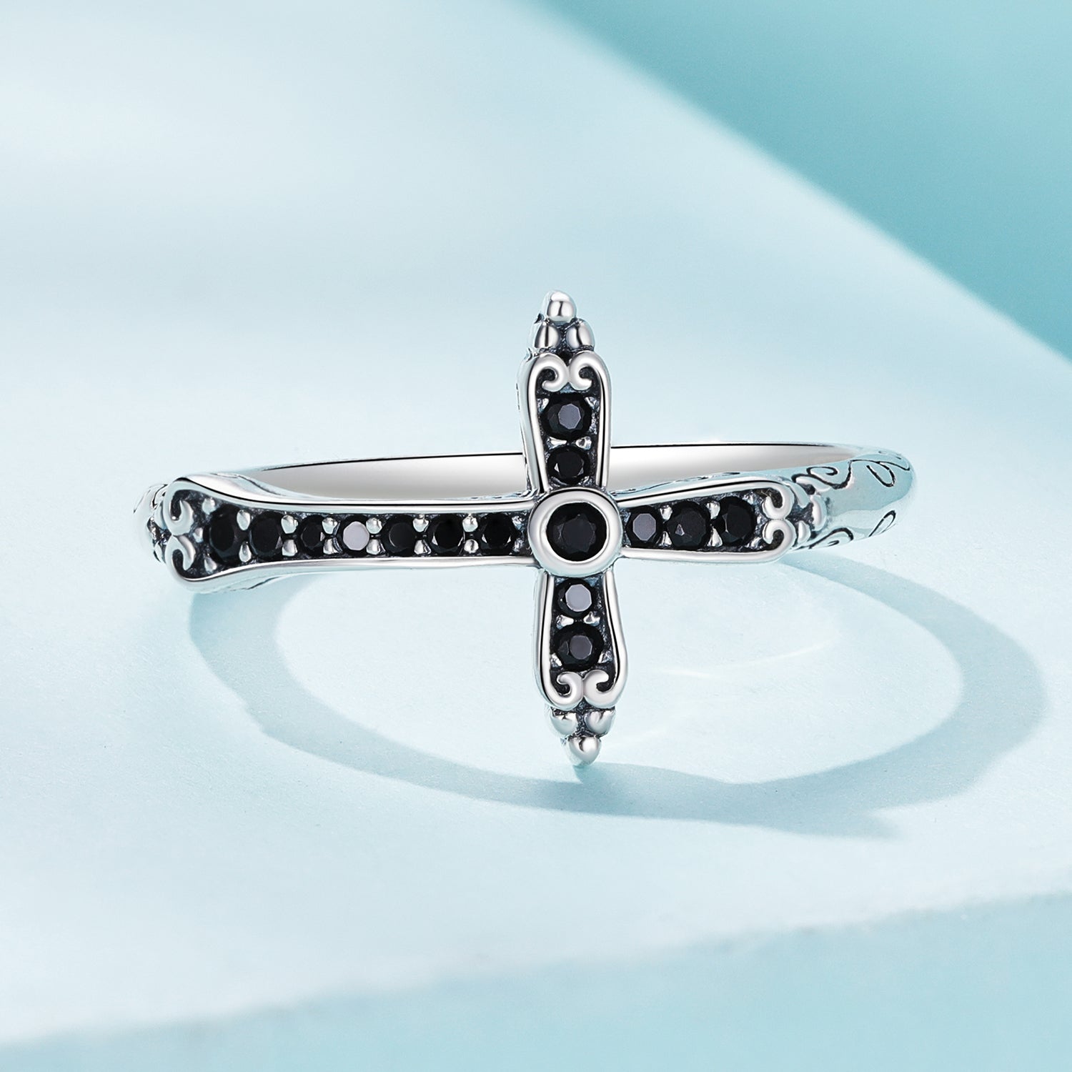 925 Sterling Silver Oxidized Ring with Pavé Setting CZ, Size 6.0 for Women