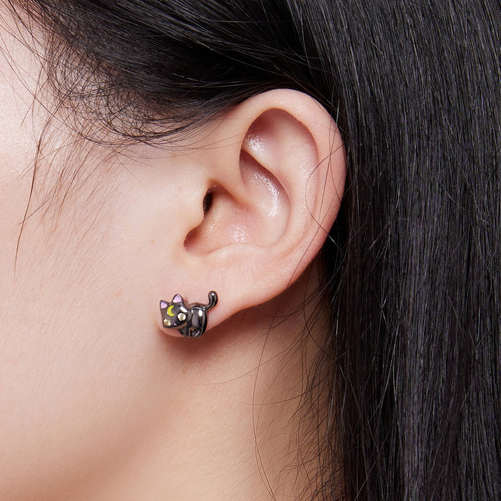 925 Sterling Silver Black Gold Plated Enamel CZ Earrings Size 10*14mm for Women