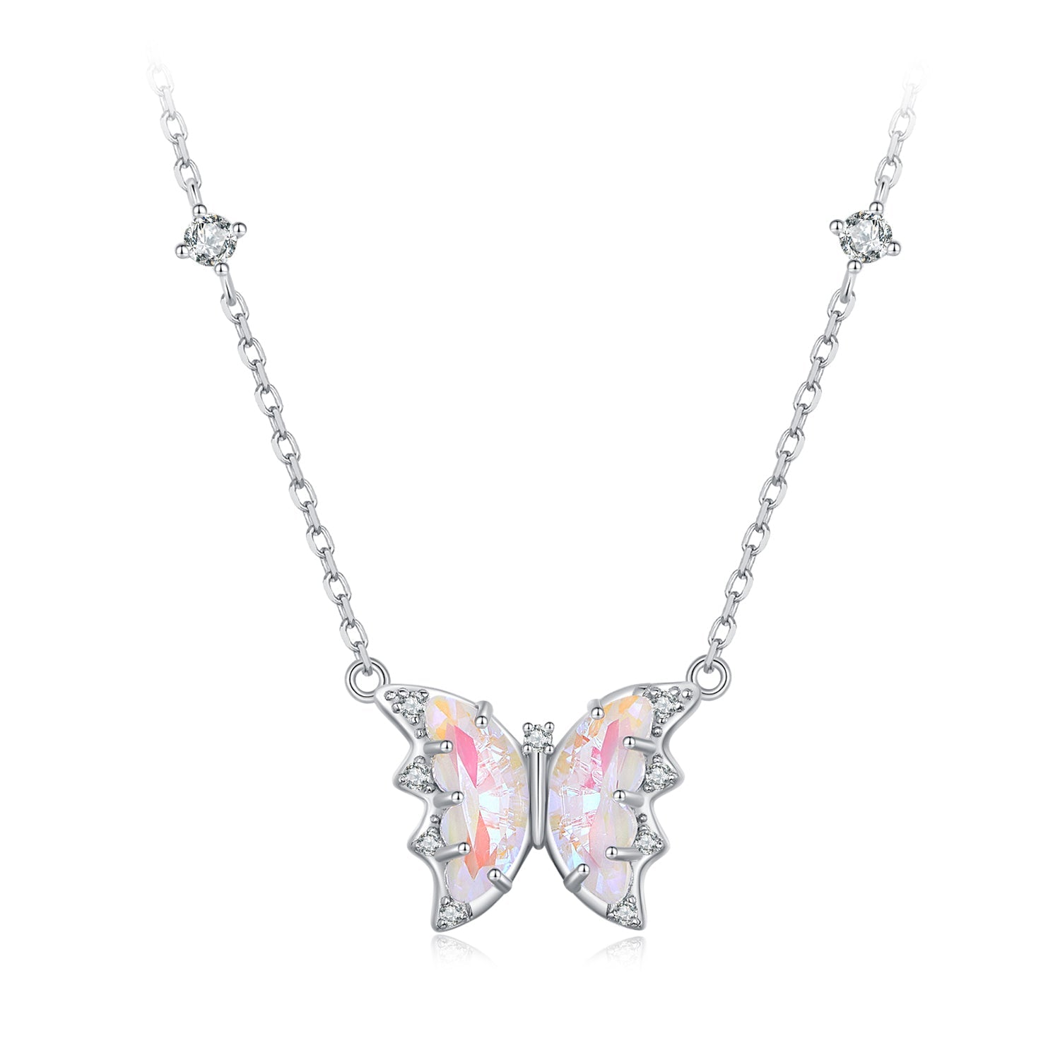 S925 Sterling Silver Necklace with Pavé Setting CZ, Resin, and Platinum Plating - 390mm Length